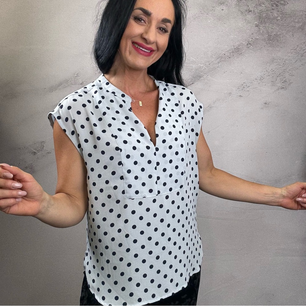 J. Crew Black and White Cap Sleeve Mandarin Collar Blouse - Picture 1 of 4